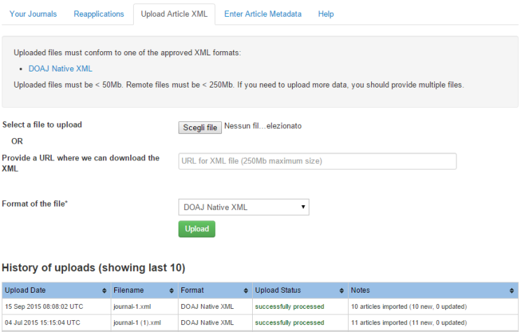 DOAJ metadata upload